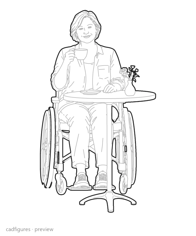 Vista previa: Persona en silla de ruedas en una mesa de cafetería